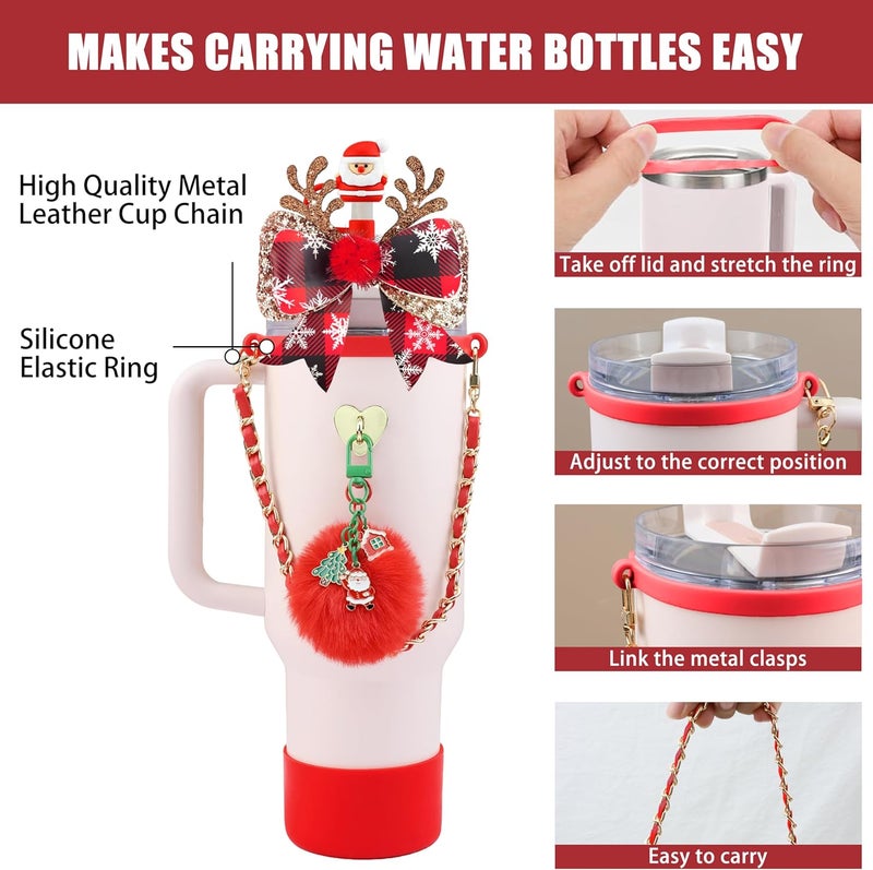 SEMATA Christmas Accessories for Stanley Cup 40oz & 30oz Tumbler Including Silicone Cute Santa Claus Straw Topper Cover, Cup Boot,Leather Water Bottle Handle Strap, Charms(Red Green) - Image 2